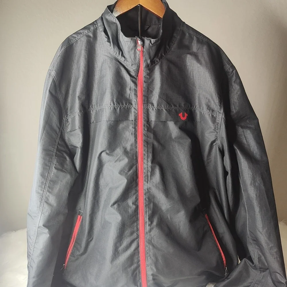 True Religion Windbreaker Jacket Men 2XL Black Red‎ Ripstop Full Zip Horseshoe